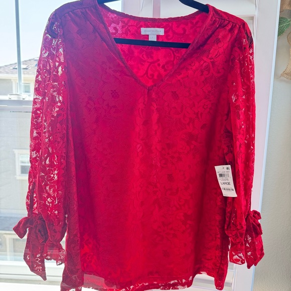 Charter Club Lace overlay blouse with 3/4 sleeves and cuff ties. Size Large - Picture 14 of 17